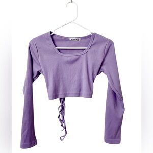Lilac Long Sleeve Crop Top Open Back Lace Up Ribbed Stretch NURI